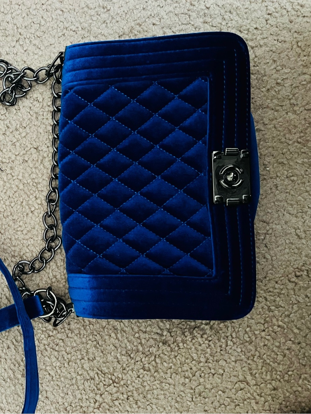 Quilted Velvet Crossbody Bag in Royal Blue with Chain Strap
